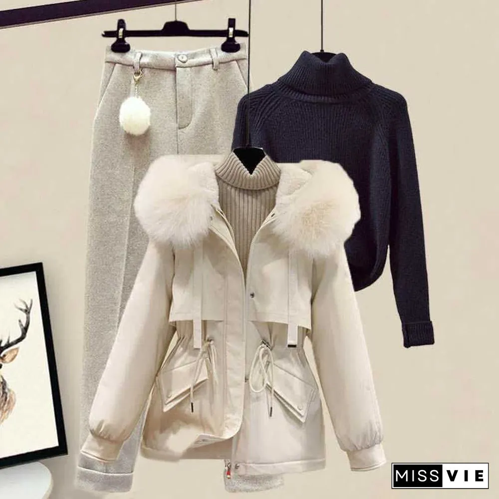 Fleece Hooded Coat Turtleneck Sweater Casual Pants Three Pieces