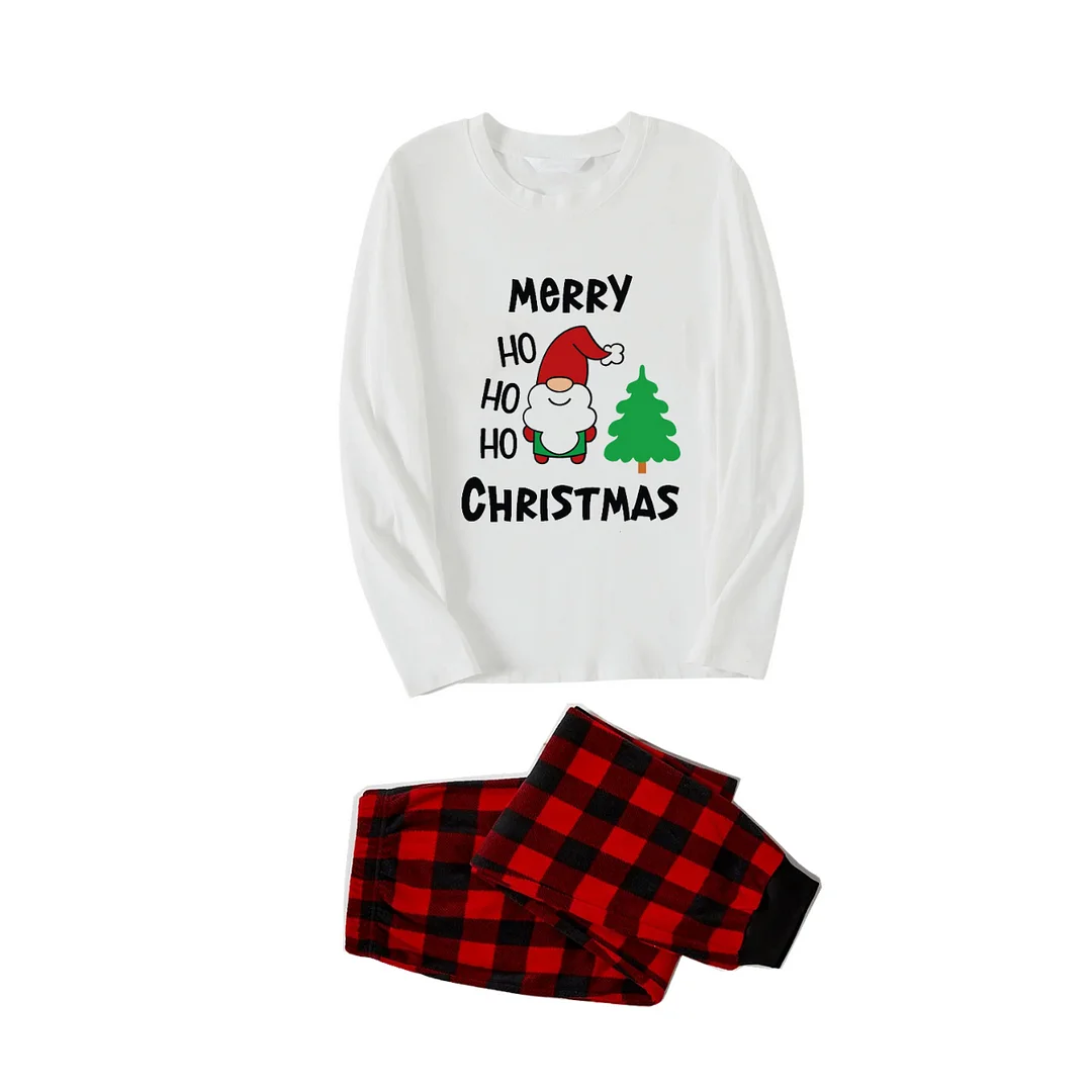 "HO HO HO Merry Christmas" 2024 White Long Sleeve Top with Red & Black Plaid Family Matching Pajamas