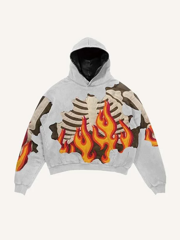 Fire&Skeleton Faux Decal Print Slant Pockets Hoodie