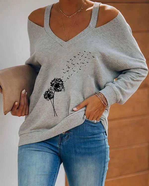 Casual Cotton-Blend Dandelion Cold Shoulder Shirts & Tops