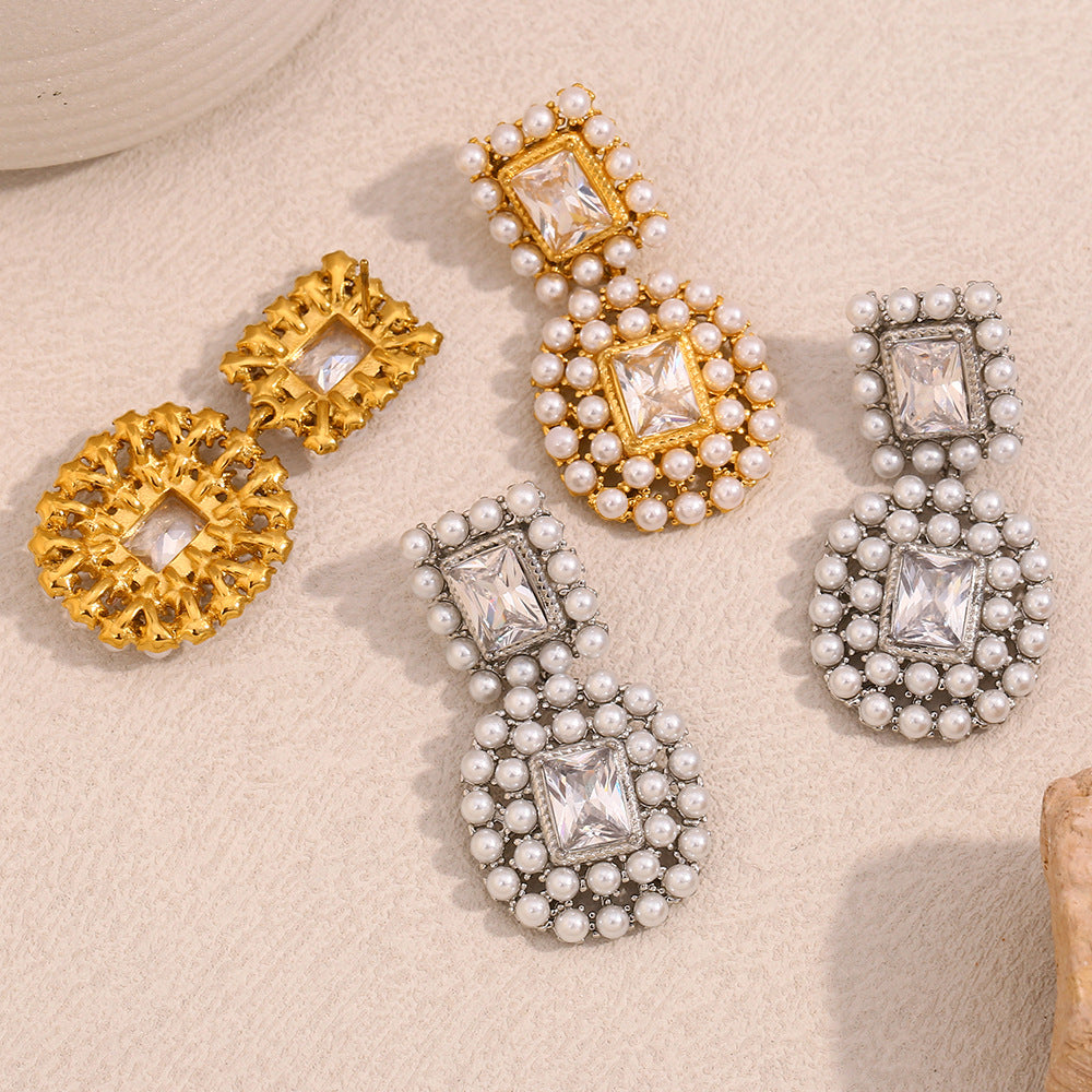 Hot Selling Fashion Earrings 316L Stainless Steel Plated With 18K Gold Luxury Splicing Zircon Pearl Earrings