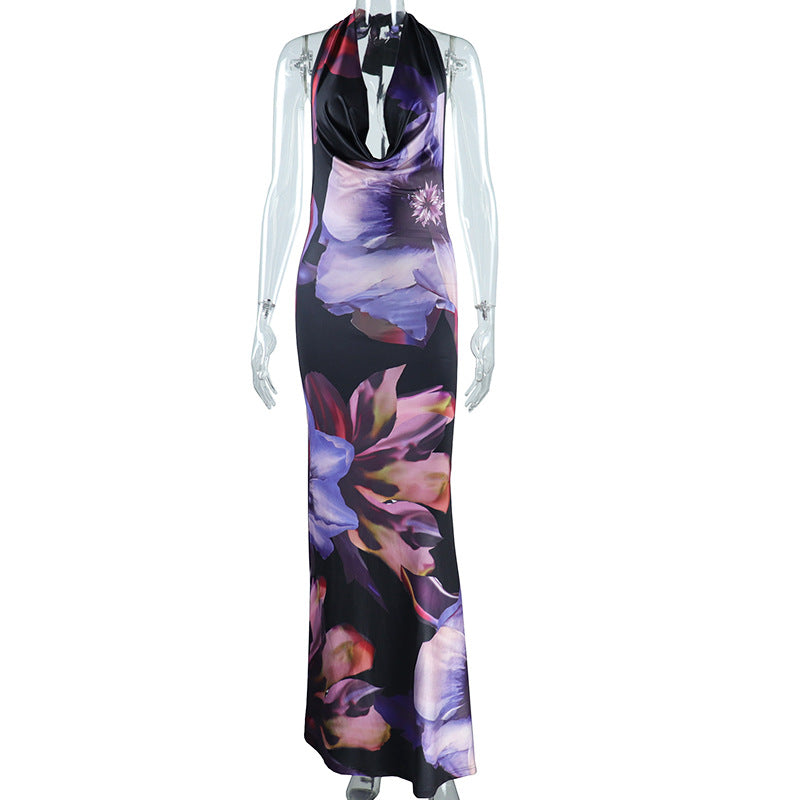 Women Clothing Digital Printed Sexy Draped Collar Long Midi Dress