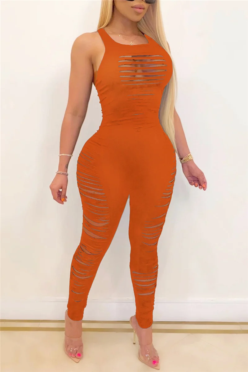 Orange Sexy Fashion Sleeveless Broken Hole Jumpsuit | EGEMISS