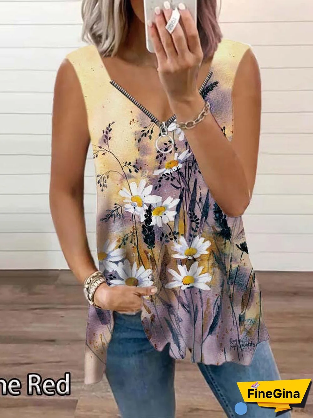 Women Sleeveless V-neck Floral Printed Tops