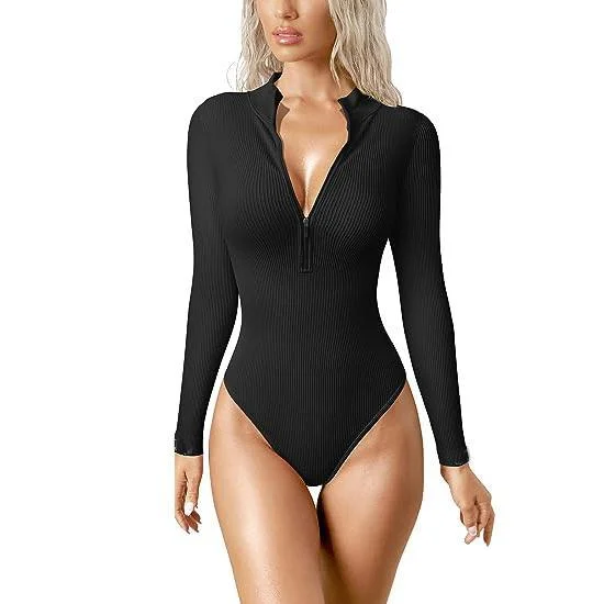 Women's Bodysuits Sexy Ribbed One Piece Zip Front Long Sleeve Tops Bodysuits