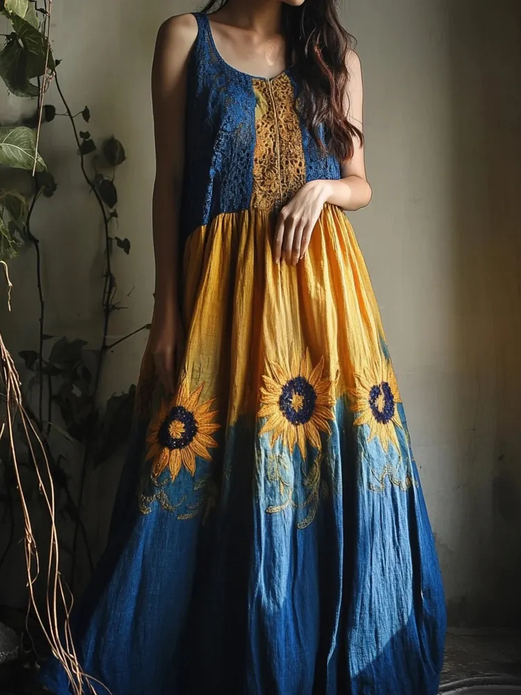 Boho Sunflower Embroidered Flowy Linen Maxi Dress