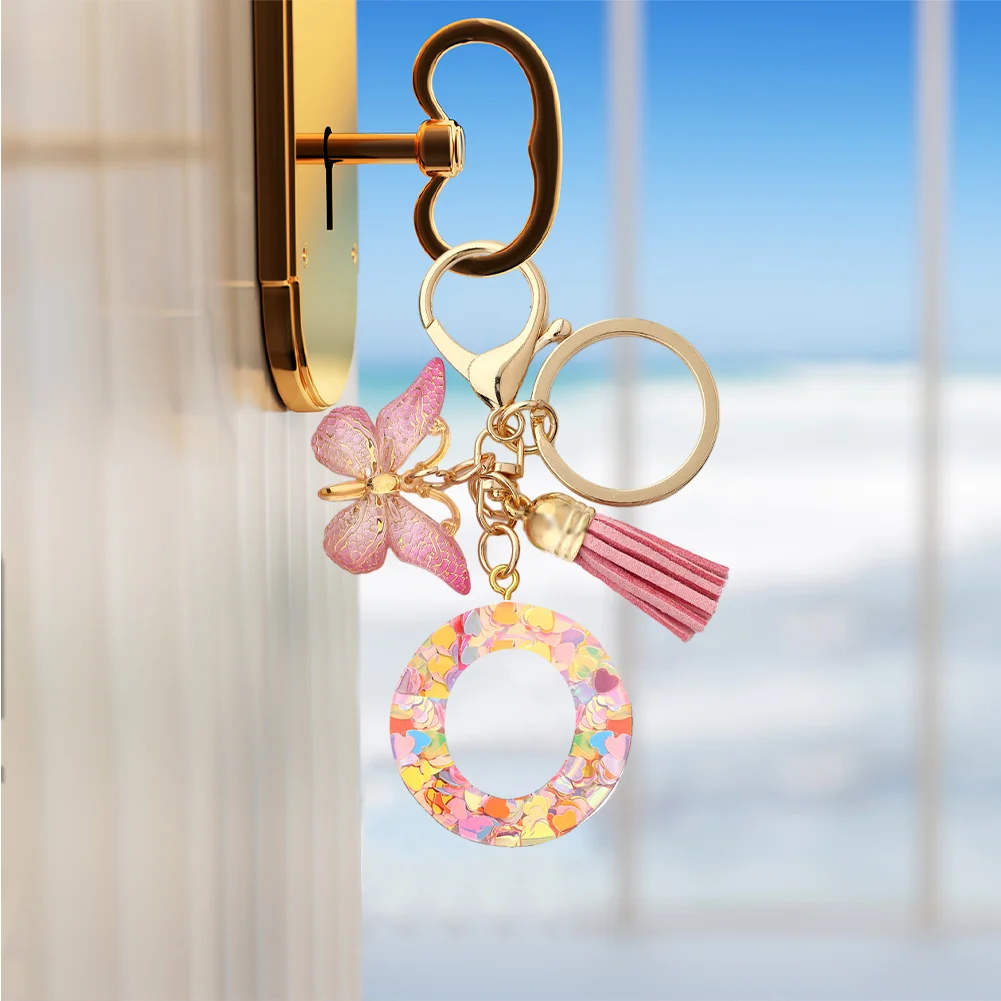 Resin Initial Letter Keychains Alphabet Letter Keychain Pink Tassel Butterfly Key Ring