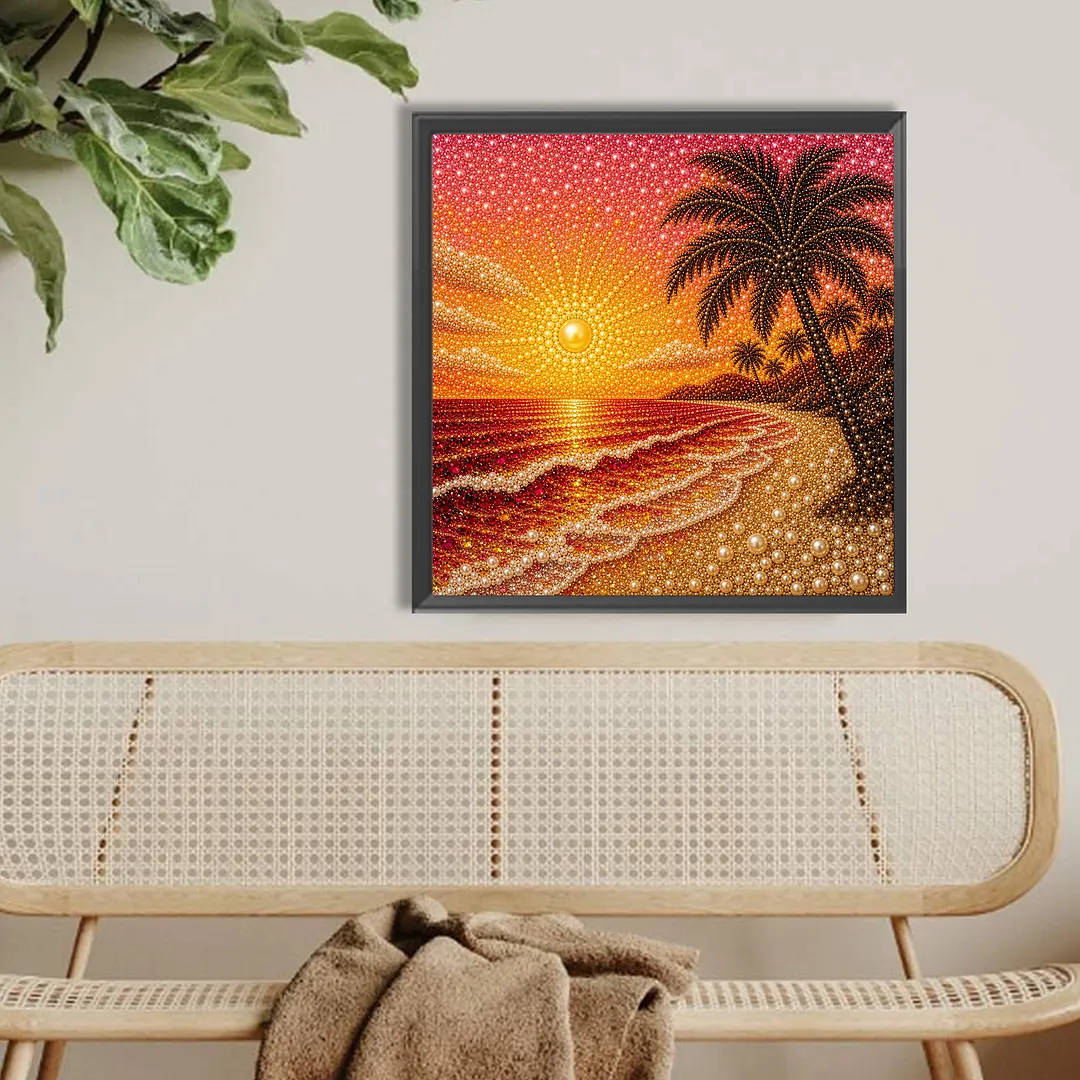 Sunset Beach Pearl Full DIY 5D Round Drill Gem Art Diamond Painting Kits 15.75x15.75 in Diamond Dots Paintings Picture Arts Craft Diamond Art Kits for Adults Beginner Home Wall Decor