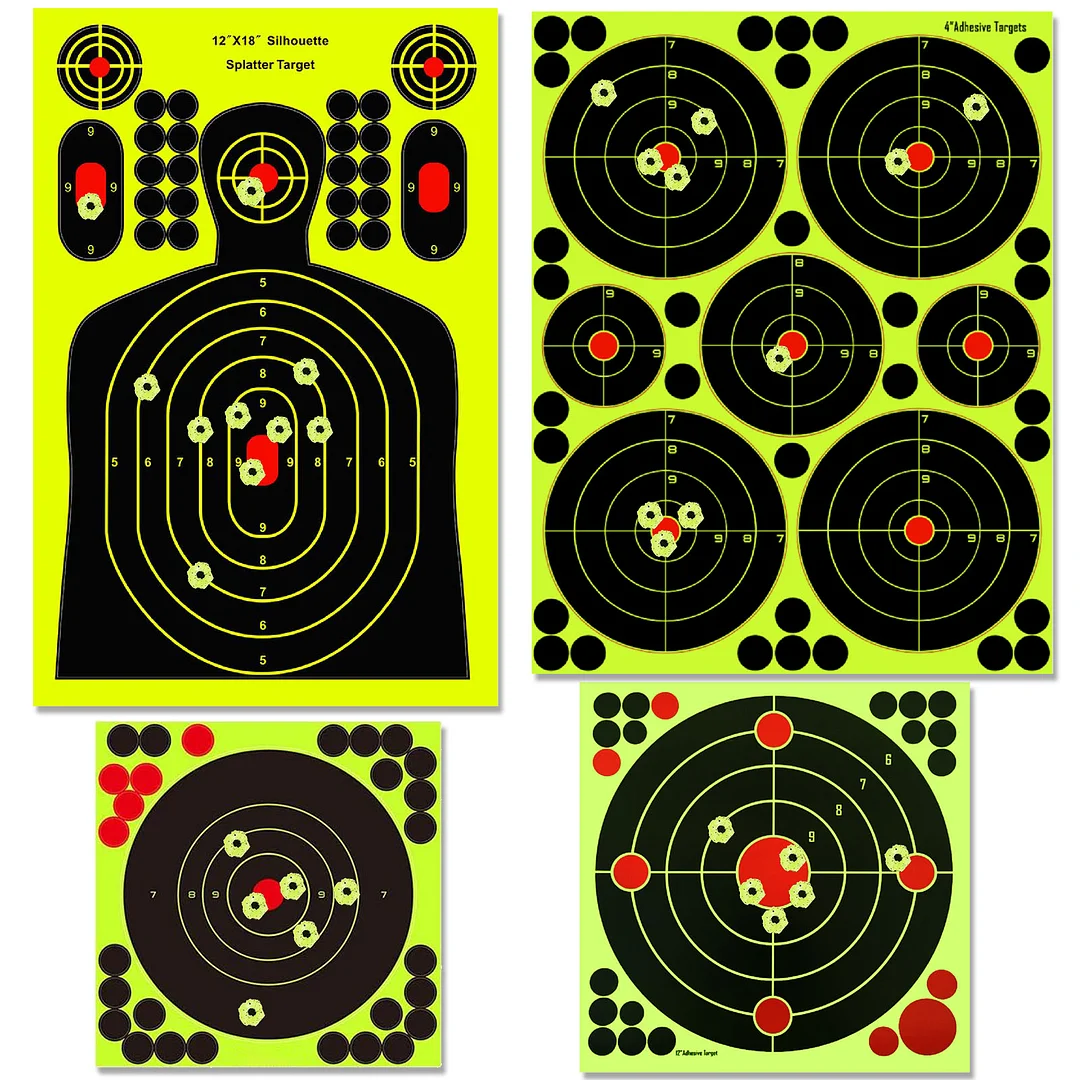 GearOZ Splatter Shooting Targets Stickers, 20PCS & 4 Styles Adhesive Reactive Targets Paper with Yellow Splatter Impact for BB Pellet Airsoft Guns Silhouette Targets Bulleye Target