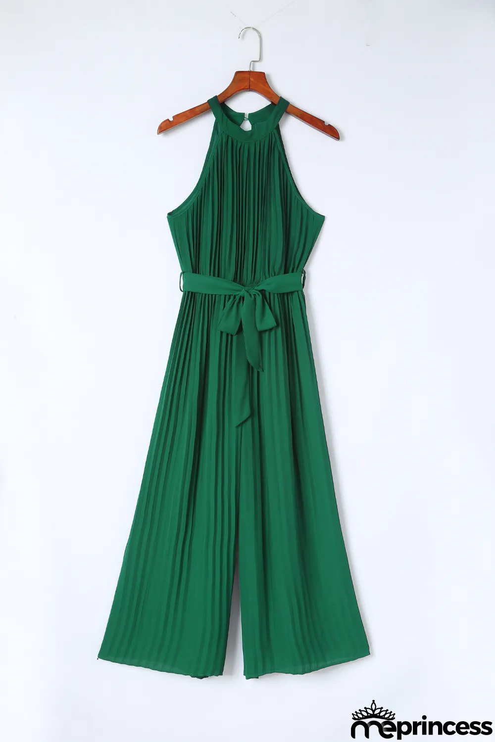 Green Halter Neck Pleated Wide Leg Jumpsuit with Belt