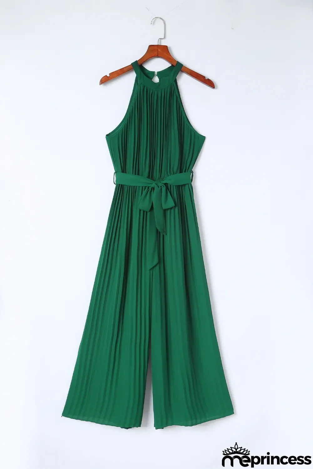 Green Halter Neck Pleated Wide Leg Jumpsuit with Belt