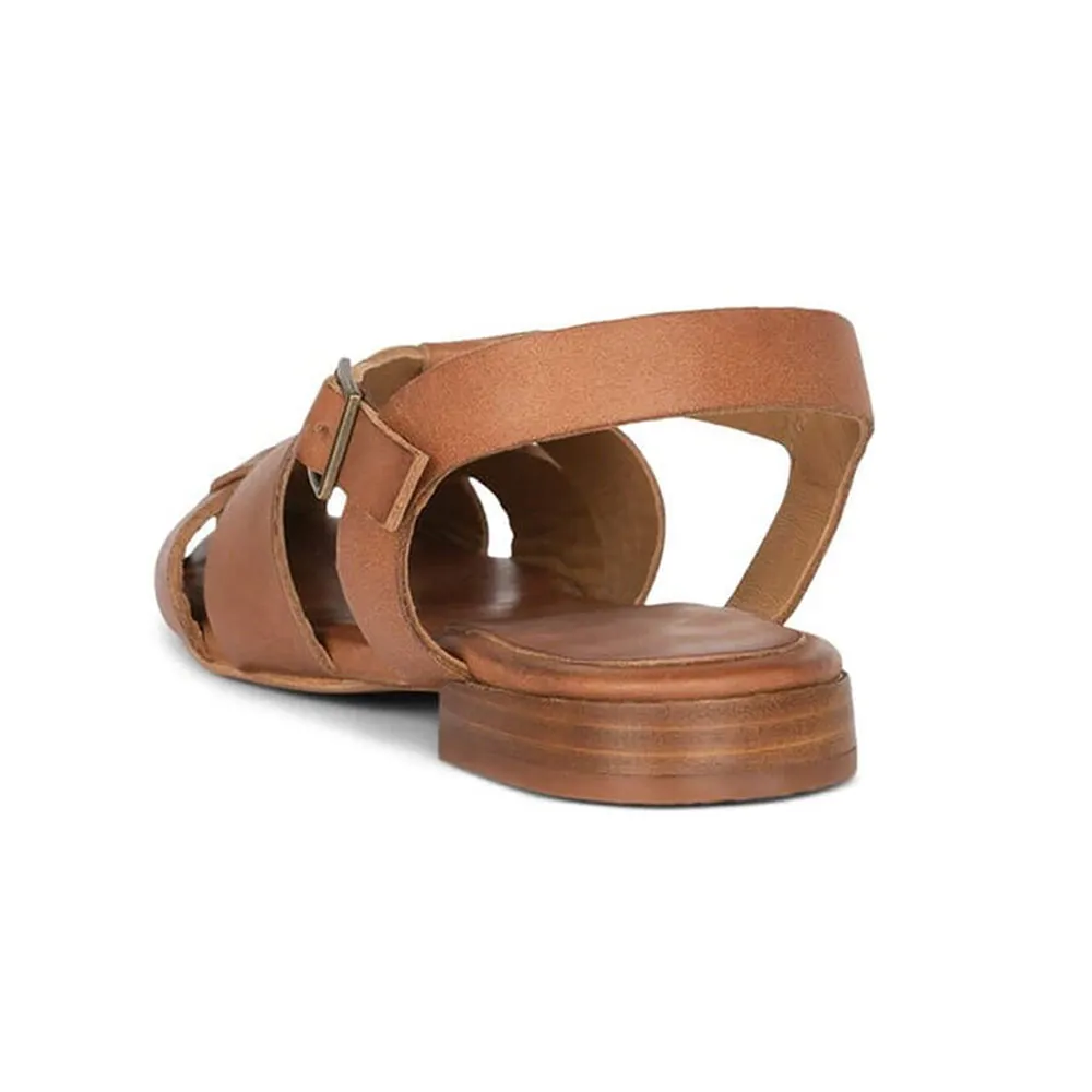 Brown Vegan Leather Woven Detail Round Toe Flat Women's Sandals