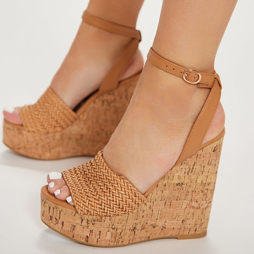 Brown Open Toe Wedge Heel Ankle Strap Platform Sandals Nicepairs