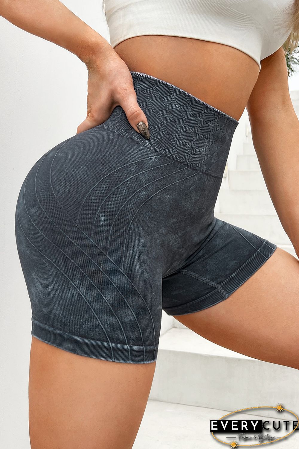 Black Vintage Wash Patterned High Waist Athleisure Shorts