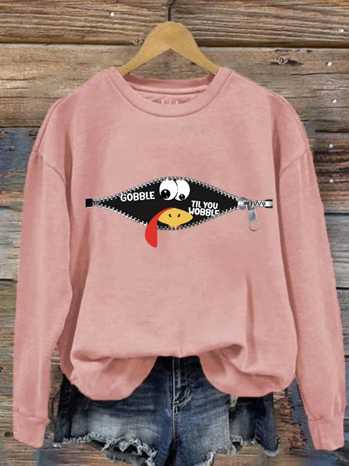 Women's Gobble Til You Wobble Turkey Thanksgiving Casual Sweatshirt socialshop