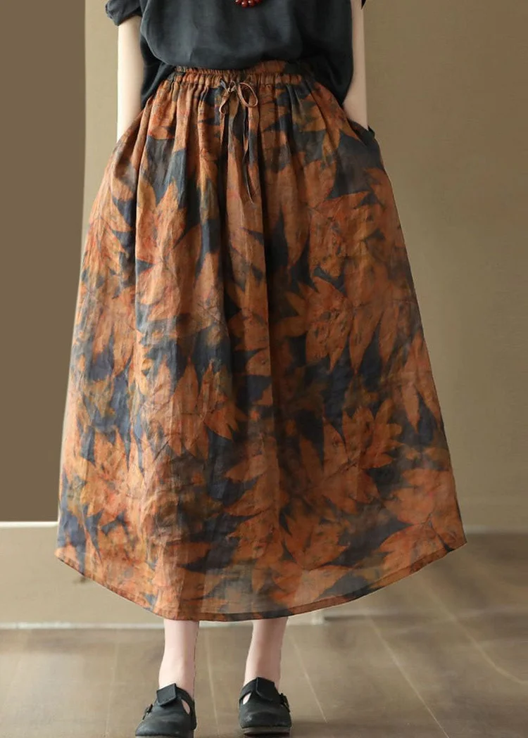 Beautiful Orange Wrinkled Pockets Patchwork Linen Skirt Summer