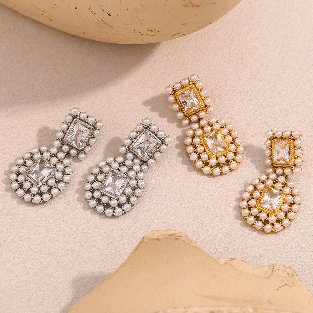 Hot Selling Fashion Earrings 316L Stainless Steel Plated With 18K Gold Luxury Splicing Zircon Pearl Earrings