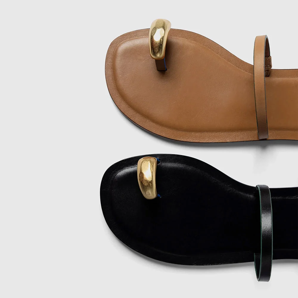 Tan Round Toe Ring Ankle Strap Buckle Flat Sandals for Women