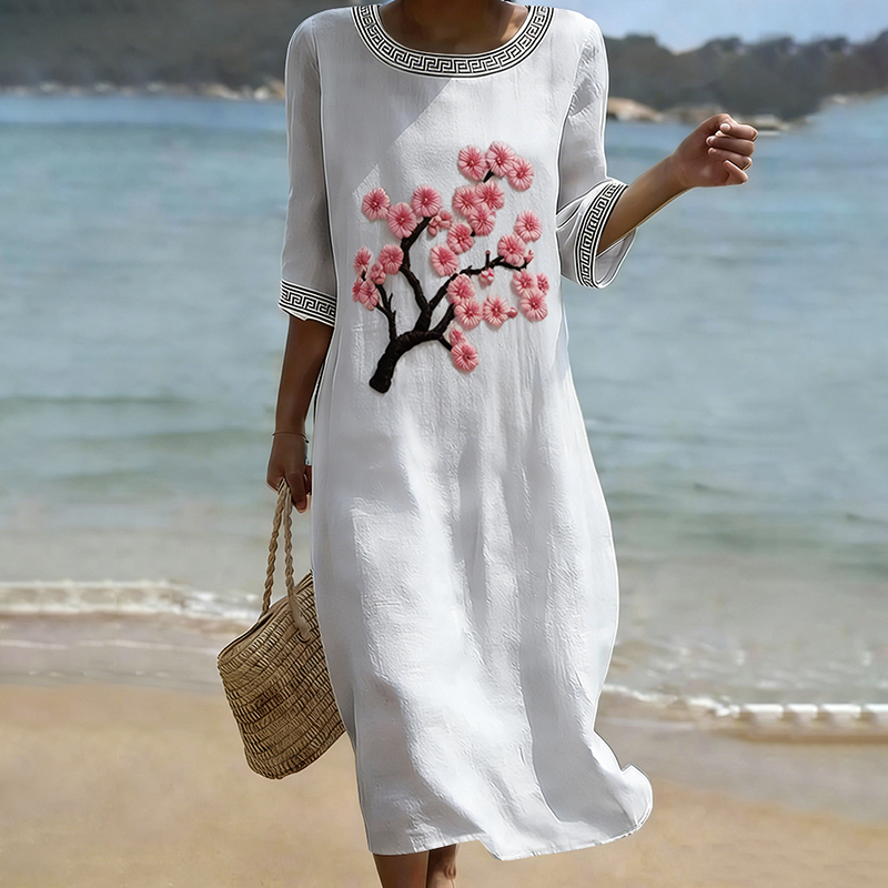 Women's Japanese Plum Blossom Art Linen-blend Dress elevenforest
