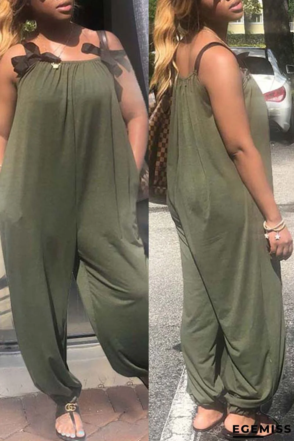 Green Fashion Casual Solid Basic O Neck Loose Jumpsuits | EGEMISS