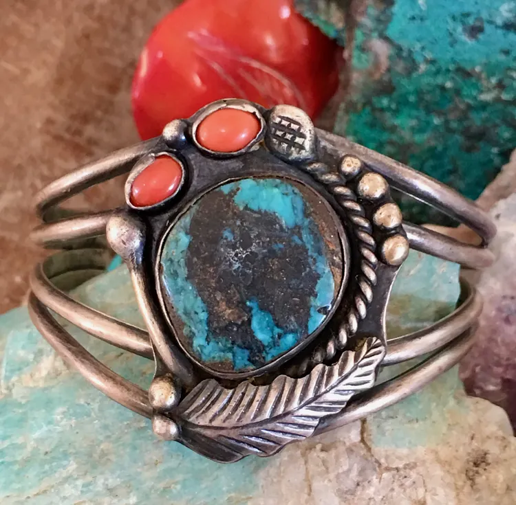 Carlin Mine Turquoise Bracelet with C oral By Navajo Tully Linkin Sterling Silver