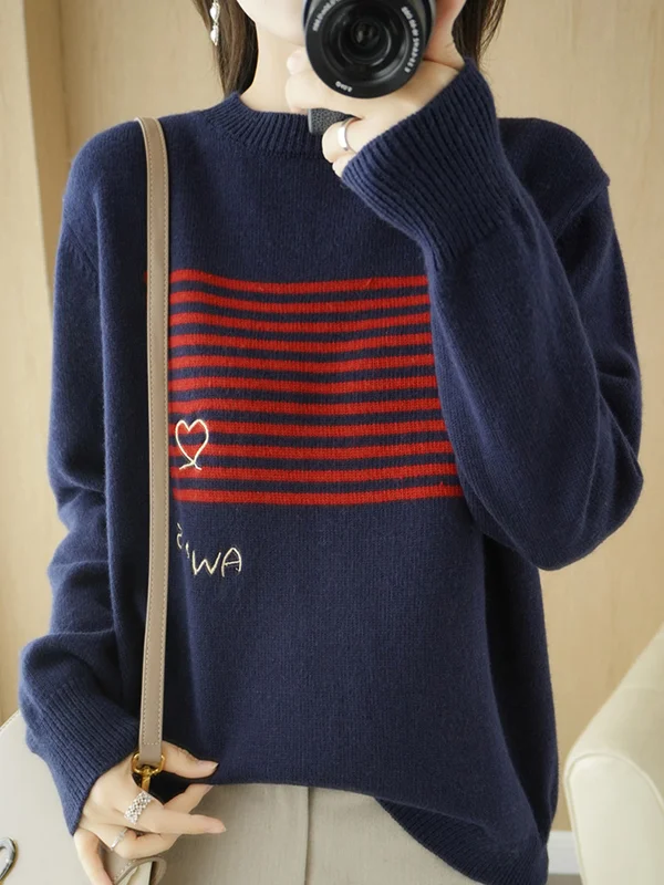 Casual Loose Long Sleeves Striped Round-Neck Sweater Tops