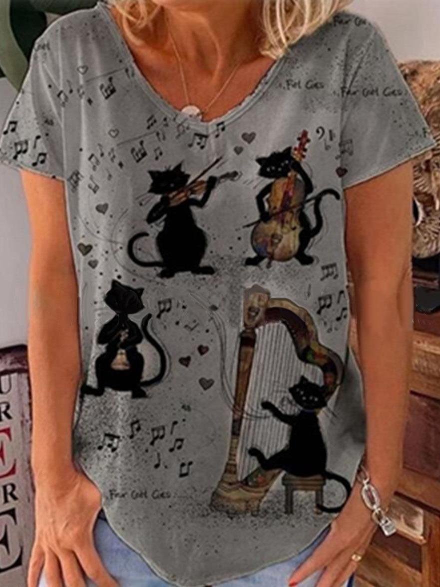 V-Neck Fun Cat Print Short-Sleeved T-Shirt