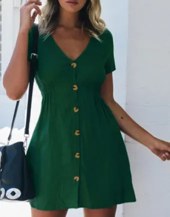 Uveng Street Hipster Solid Color V-neck Slim-fit Button High Waist Dress