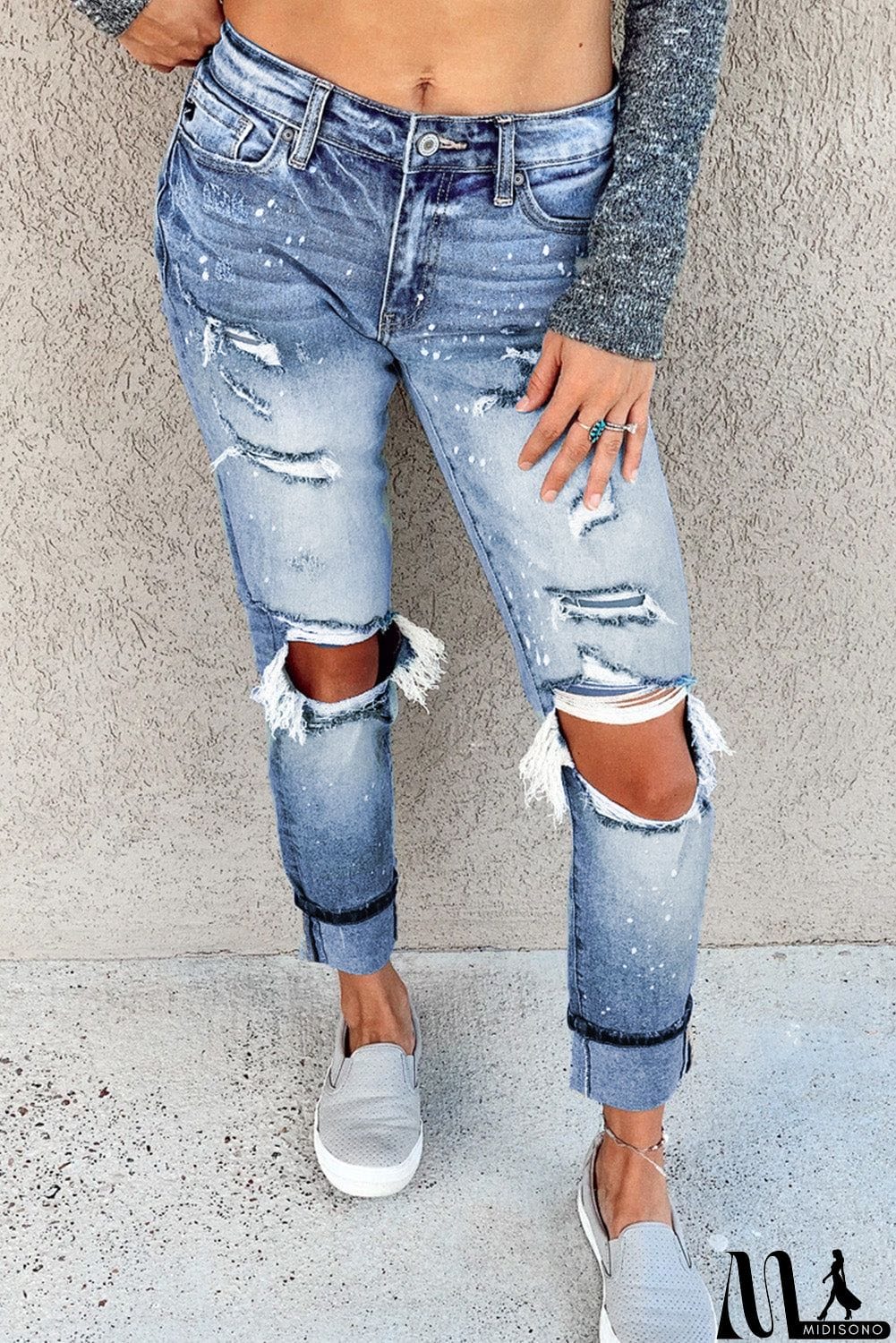 MidiSono - Light Blue Ripped Straight Leg Jeans