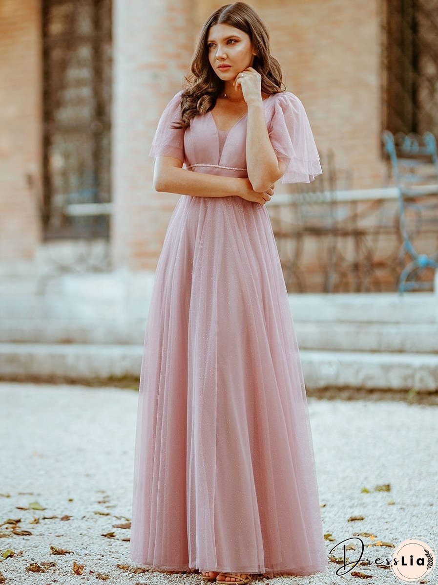 Elegant Golden Stamped Ruffle Sleeve Evening Gown