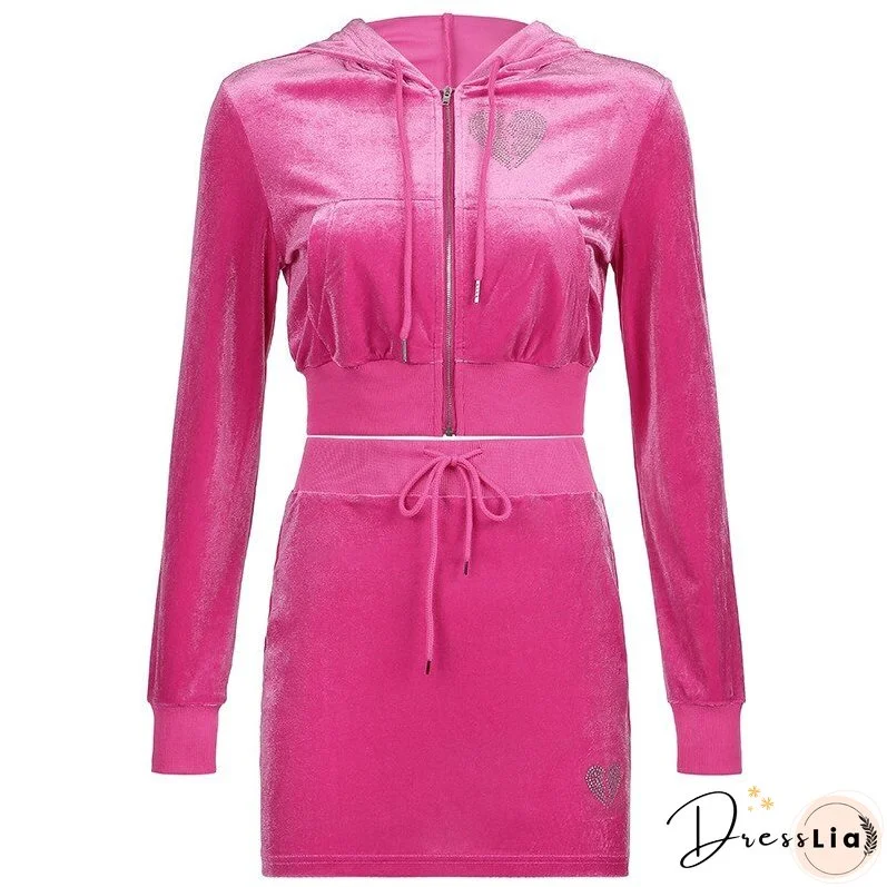 Christmas Gift Kefira Autumn Winter Sweet Velvet Diamond Heart Hoodies Women Hooded Jackets Zip Up Long Sleeve Cropped Top Sweatshirts