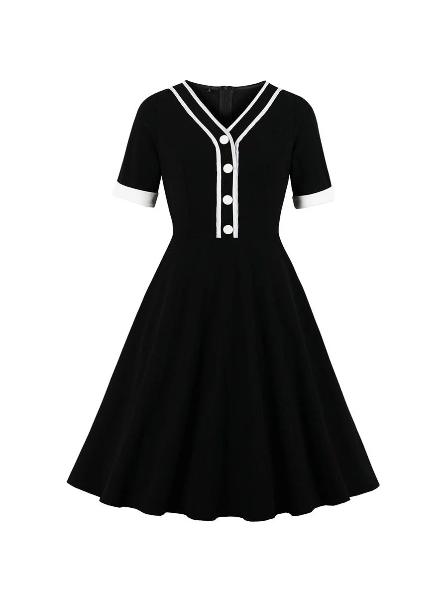Swing Dress Short Sleeve V-neck Button-Front A-line Dress