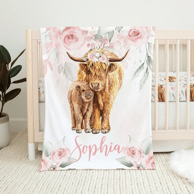 Personalized Highland Cow Girls Crib Bedding Set|Bed27