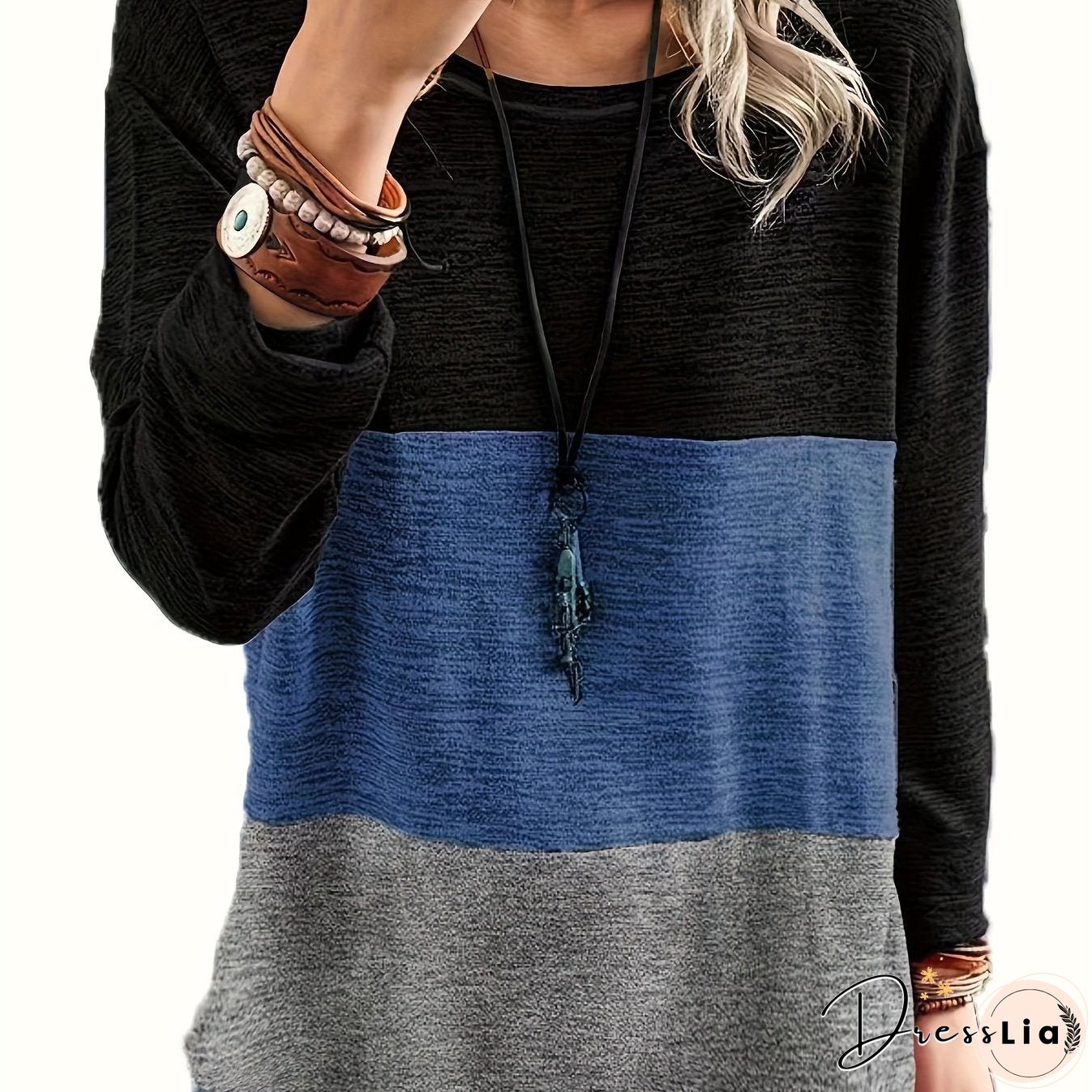 Plus Size Casual Top, Women's Plus Colorblock Long Sleeve Round Neck Medium Stretch Top