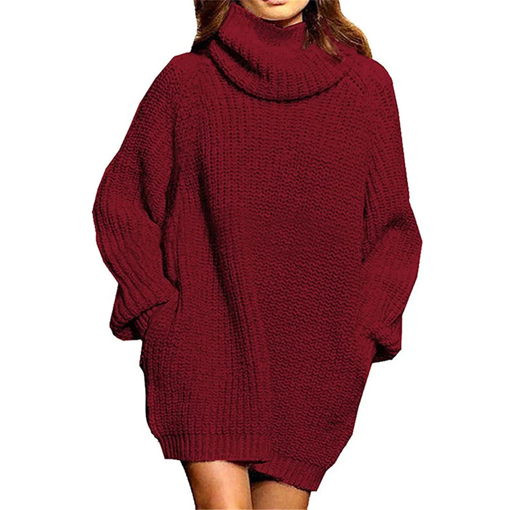 Wine Red High Collar Pocket Fashion Style Long Sleeve Sweater Dress