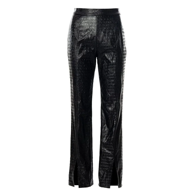 wsevypo 2021 Fall Winter Black Faux Leather Split Hem Pants Women Back Zip Up High Waist Straight-Leg Trousers Streetwear
