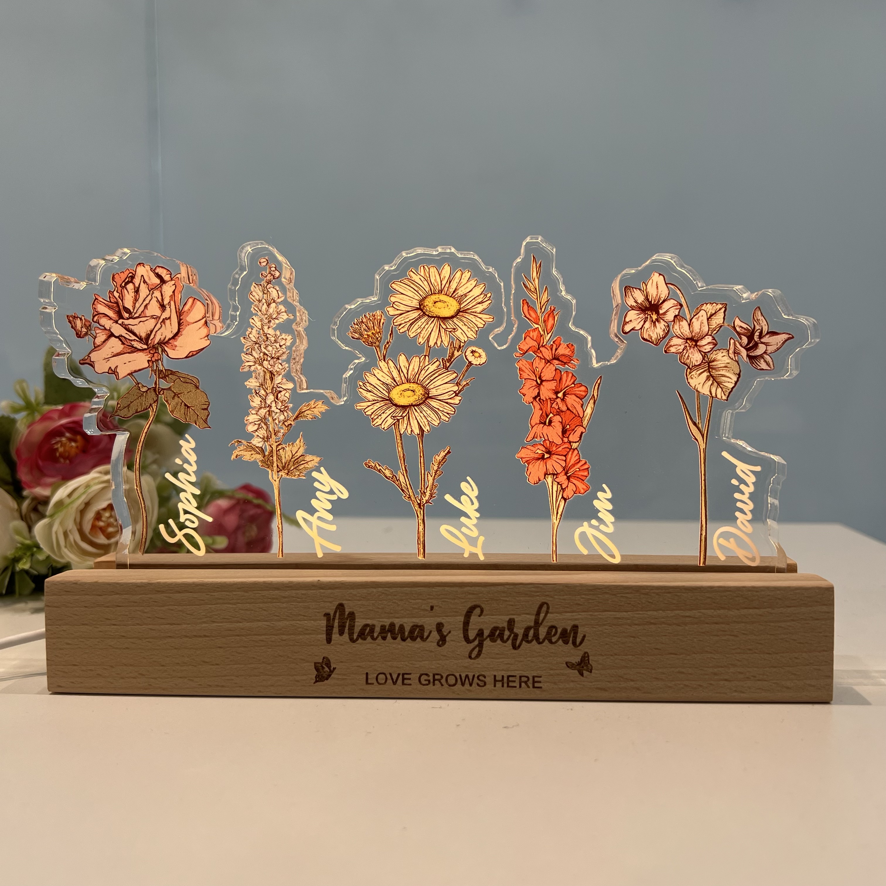 Loveyoufancy Personalized Mom's Garden Birth Flowers 3D Acrylic Crystal Light