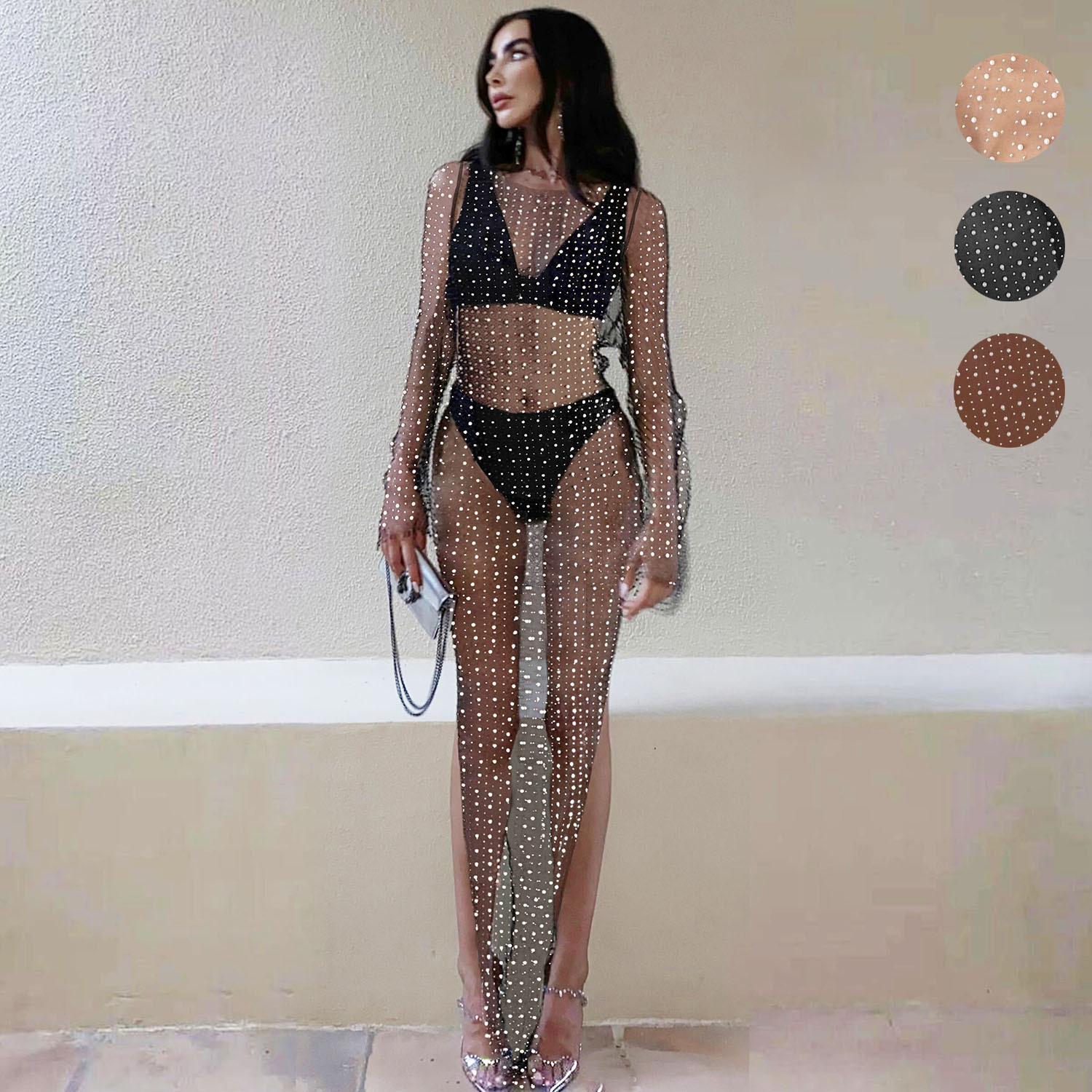 Ootddress Pearls See-Through Long Sleeve Cover-Ups Holiday Beach Diamond Decoration Women Beach dress Elegant Split Solid Cover-Ups
