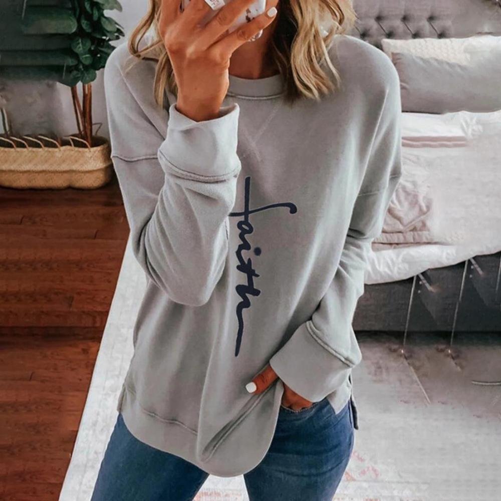 Simple Letter Printed Round Neck Long Sleeve Tee