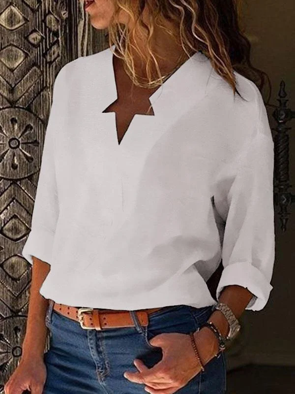 V-neck long sleeve solid color shirt-Mayoulove