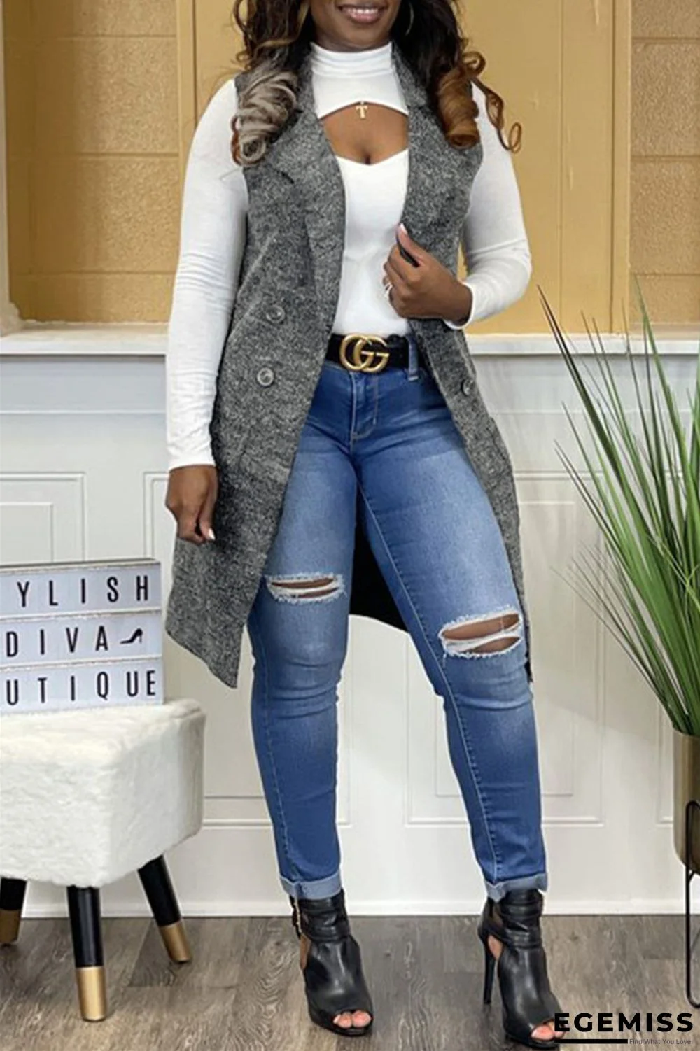 Grey Fashion Casual Solid Cardigan Turndown Collar Outerwear | EGEMISS