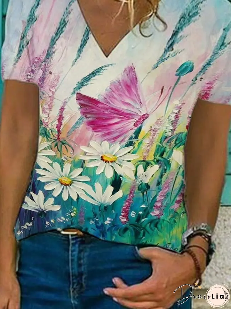 Butterfly Flower Print Loose V-neck Short Sleeve T-shirt