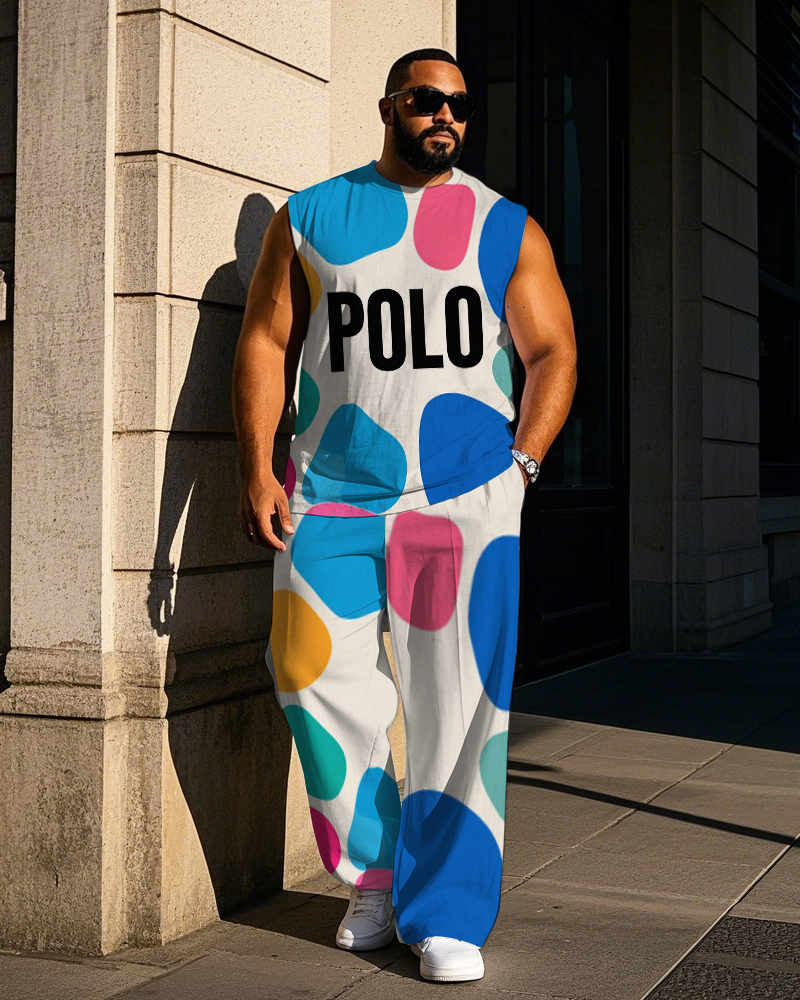 Big Men's POLO Letter Irregular Circular Color Block Printed Casual Vest and Pants Set