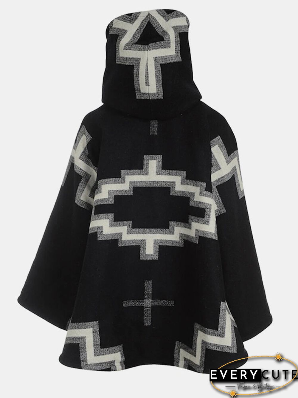 Geometric Print Long Sleeve Hooded Casual Coat For Women