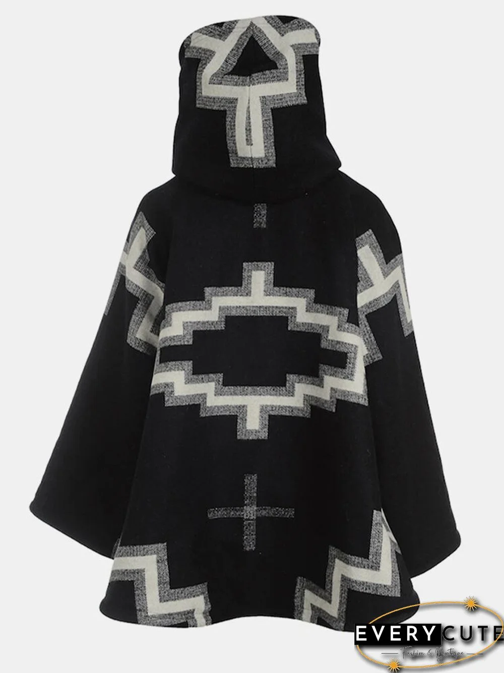 Geometric Print Long Sleeve Hooded Casual Coat For Women