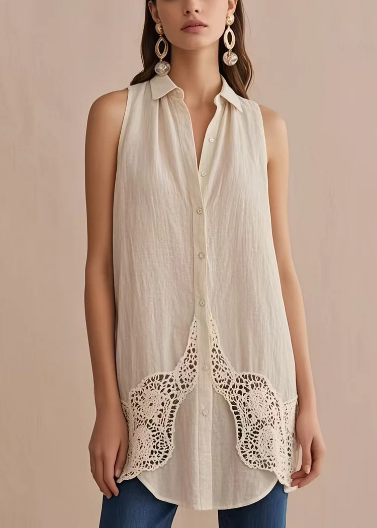 Women White Peter Pan Collar Patchwork Linen Shirts Sleeveless