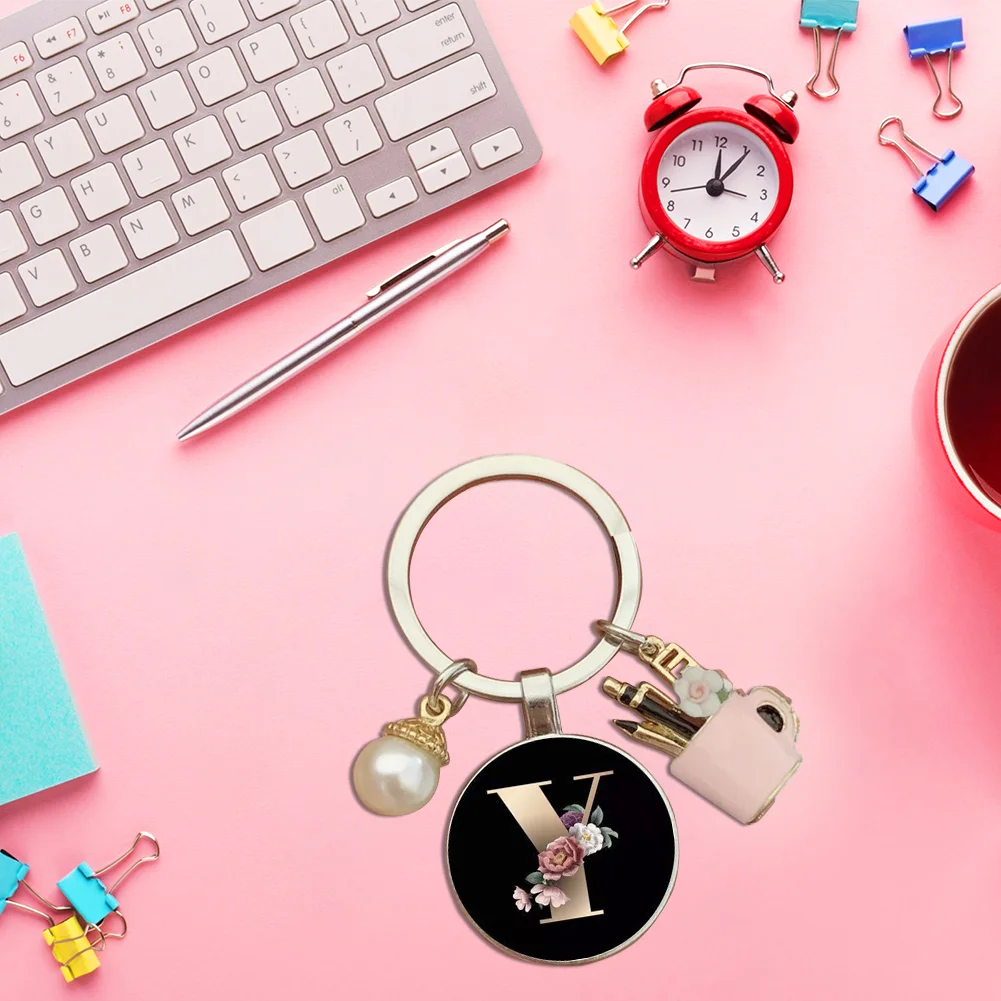 Resin Alphabet Letter Keychain Pearl Alphabet Key Ring Charms for Key Handbag Backpack