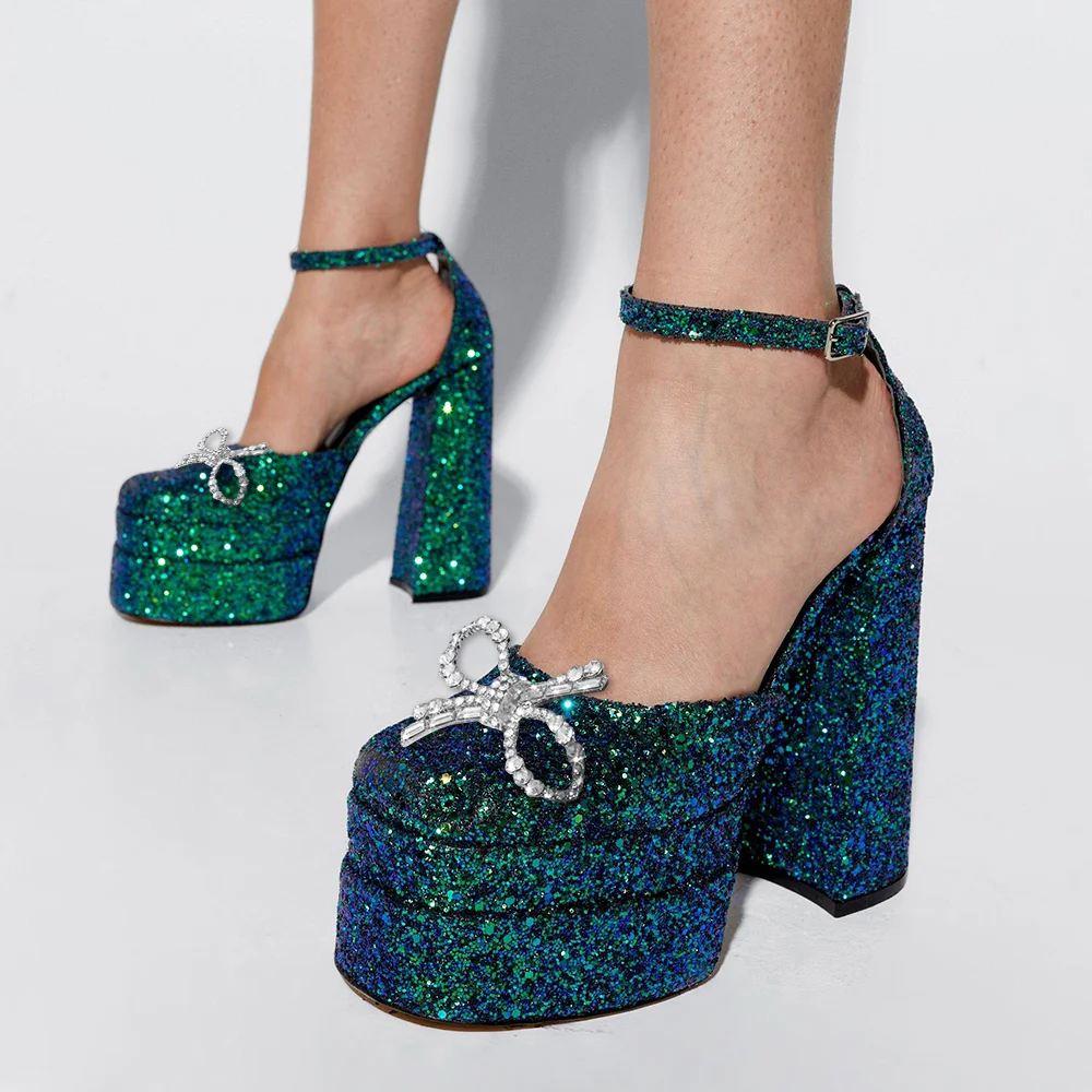 Multicolor Glitter Pumps With Platform Chunky Heel Ankle Strapy Nicepairs
