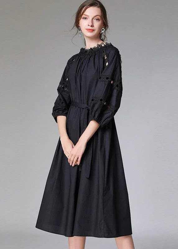 DIY Black Slash Necktie Waist Cotton Fall Long Dress Half Sleeve