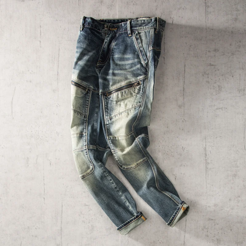 Vintage Denim Biker Slim Fit Straight Pants